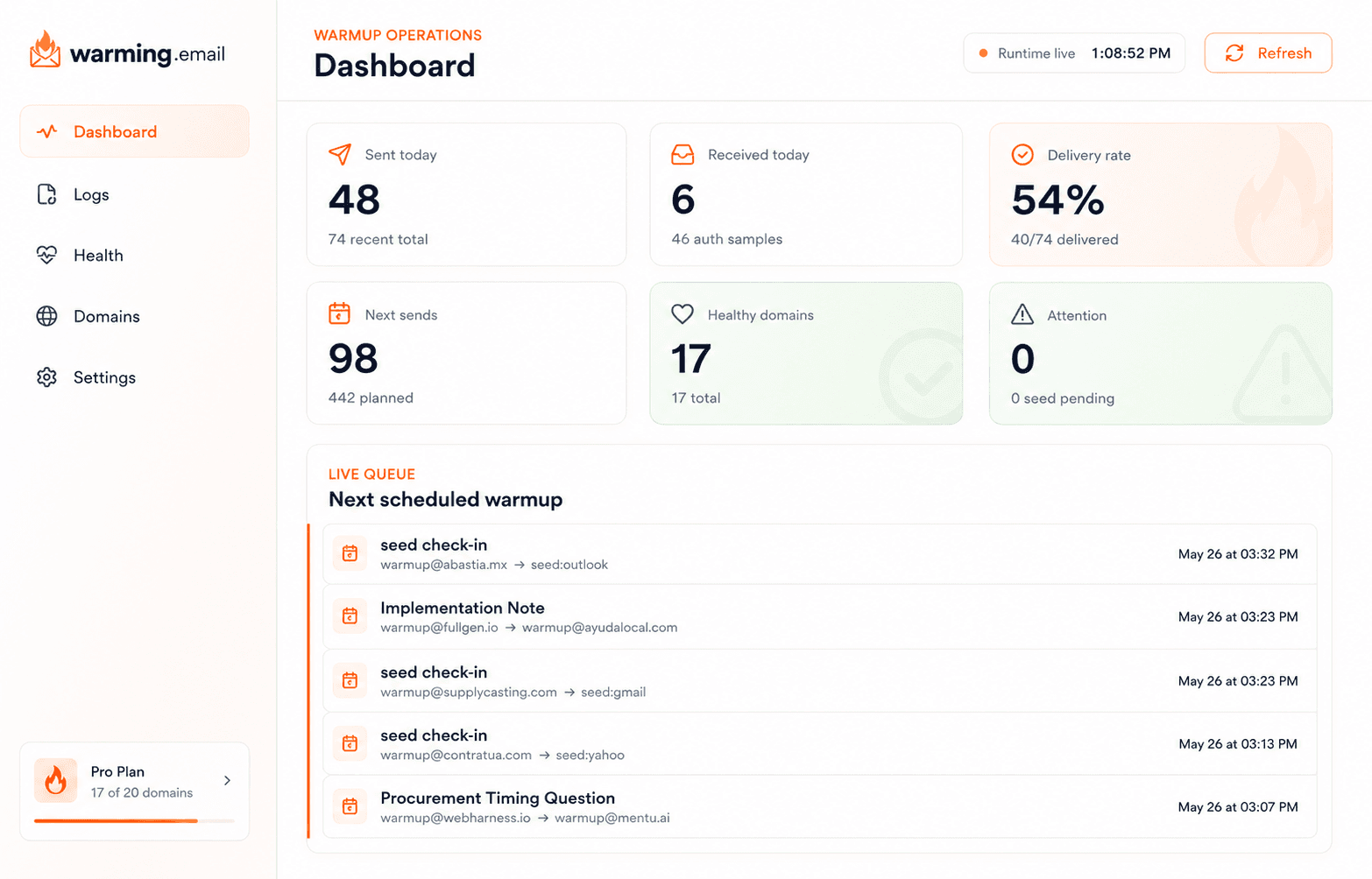 Warming.email warmup operations dashboard