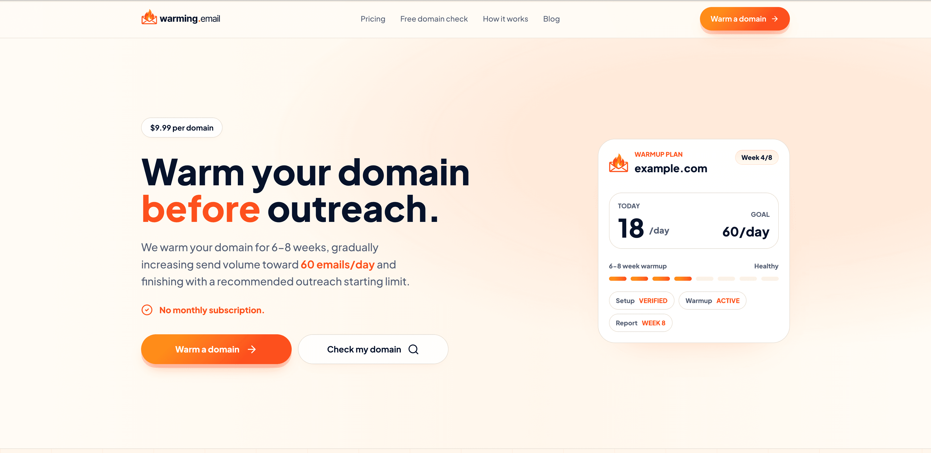 Warming.email homepage hero and warmup offer